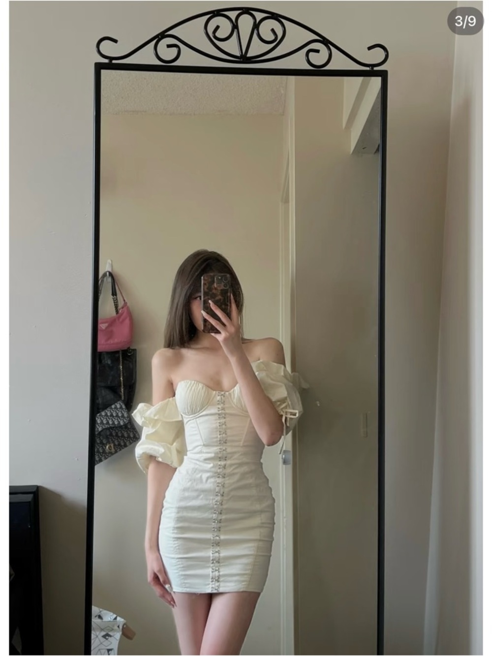 Oh Polly Cream Off-Shoulder Puff-Sleeve Mini Dress